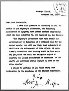 1917 - balfour deklarasyonu lord rothschild'e, filistin'de yahudiler için bir vatan kurulması sözü